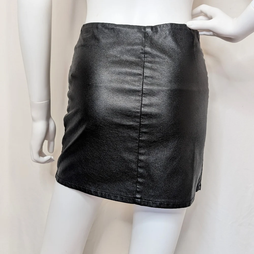 Black Faux Leather Asymmetrical Hem Mini Skirt With Zipper Details
